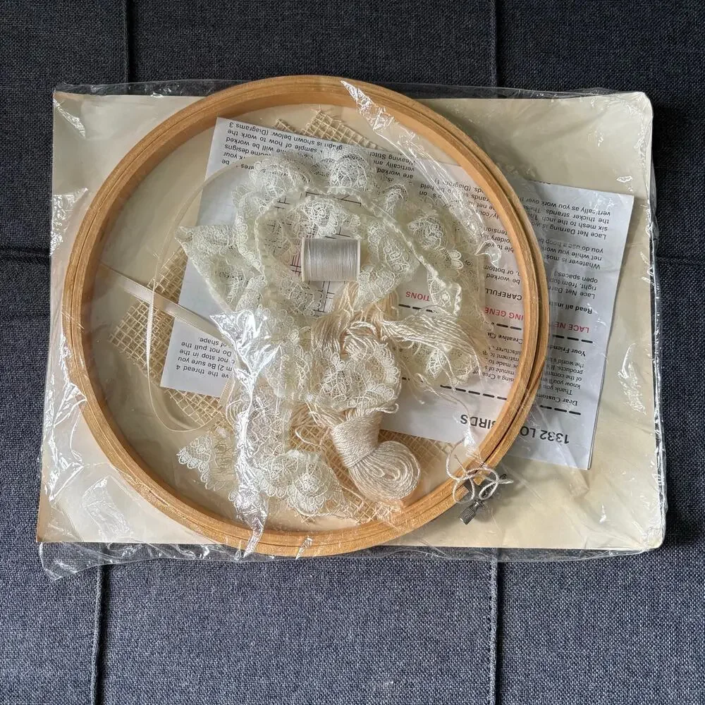 Love Birds Vintage Lace Net Darning Kit by The Creative Circle - 1988 With Hoop